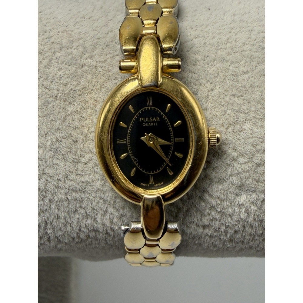 Pulsar V400-X028 New Battery Ladies Watch 16MM 6.5" Gold Tone Black Dial